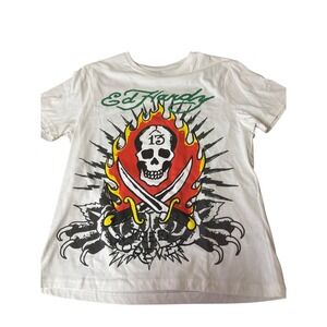 Ed Hardy Mens Skull 13 Flaming Dagger Graphic T-Shirt White L EHMB1100-37 NWT